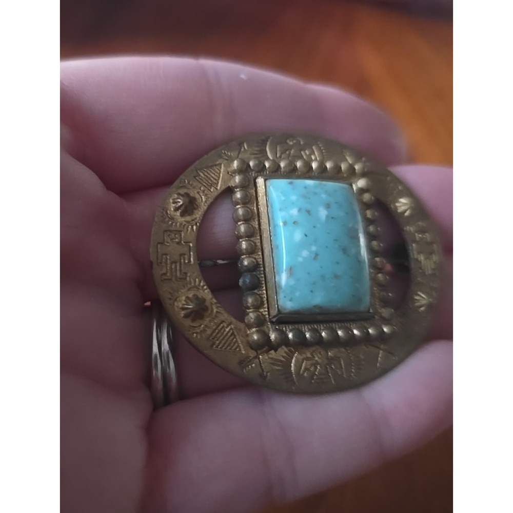 Vtg Brass Native American Southwestern Aztec Stamped Ethnic Statement Brooch - Picture 2 of 5